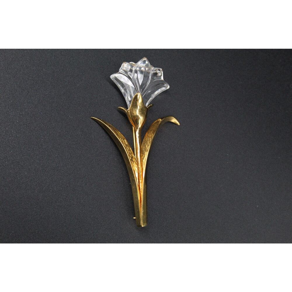Beautiful SWAROVSKI Crystal VINTAGE BROOCH Pin Tulip 3" Tall Gold Tone Swan Logo